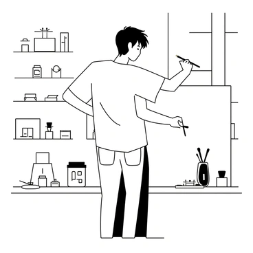 A man with tousled hair, wearing a loose-fitting t-shirt and jeans, is standing in front of a large canvas. He is holding a paintbrush in his right hand, focused on creating an artwork. The art studio around him is filled with various art supplies, including jars of brushes, tubes of paint, and palettes scattered on a wooden table. Natural light streams through a large window, illuminating the scene. The walls are lined with shelves filled with art materials and completed artworks.