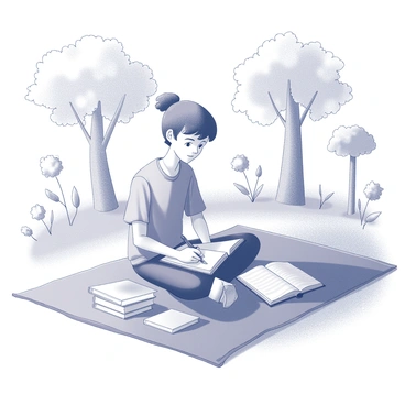 A student is sitting on a blanket spread out on the grass. The student has an open notebook and is writing with a pen. There are various books stacked beside them. The scene includes several trees in the background providing shade. Alongside the blanket, there are flowers blooming in different shapes and sizes. Sunlight filters through the leaves, creating a dappled pattern on the ground around the student.