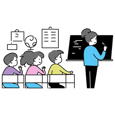 A group of four children, two boys and two girls, sitting at wooden desks in a classroom. Each child is paying attention to a teacher standing at the front of the room. The teacher is writing important notes on a blackboard with white chalk. The boys are wearing blue and green shirts, while the girls are dressed in pink and purple tops. The classroom has simple decorations like a globe and a few educational posters on the walls. The children's expressions show concentration and curiosity as they look towards the blackboard.