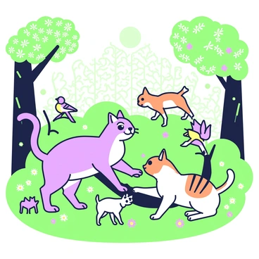 A group of cats is playing with woodland animals in a lush forest. In the center, a gray cat with bright eyes is gently pawing at a curious squirrel sitting on a low branch. Nearby, a tabby cat with orange stripes is observing a group of colorful birds perched on a nearby bush. The birds are flapping their wings, while a small fawn grazes in the background, watching the playful scene. Sunlight filters through the dense canopy above, casting dappled light patterns on the forest floor, which is covered in rich greenery and small wildflowers.