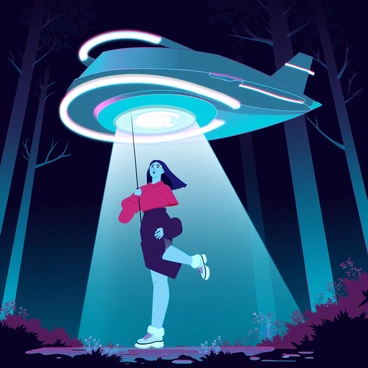 A person with medium skin tone is being lifted into a sleek, futuristic spaceship by a bright, swirling beam of light. The spaceship has a metallic, smooth surface with glowing accents. The dark forest around them is dense, with tall trees silhouetted against the night sky, their leaves barely visible in the dim light. The ground is covered in foliage, with patches of bioluminescent plants casting an eerie glow. The person's expression shows a mix of wonder and fear as they are gently pulled upwards, with their clothes fluttering around them.