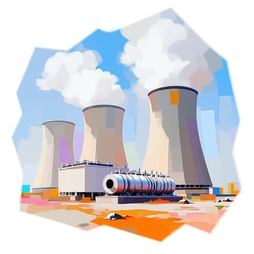 A power plant scene featuring several large cooling towers, their cylindrical shapes rising prominently against the sky. Each cooling tower is releasing plumes of white steam that billow upwards, creating a dynamic contrast with the blue background. In the foreground, there are multiple heat exchangers, characterized by their intricate networks of pipes and valves. The industrial structures are surrounded by a flat landscape, with patches of grass and small rocks scattered around the base of the cooling towers.