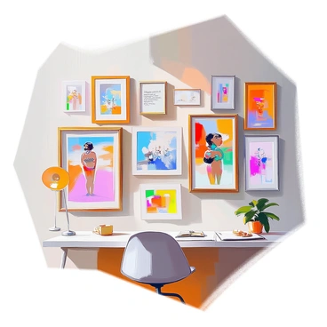 A wall inside an illustration agency is filled with an array of framed artwork, showcasing various styles and subjects. The frames vary in size and design, some ornate and others minimalistic. Each piece of artwork is distinct, displaying vibrant colors and detailed illustrations. Interspersed among the artwork are framed "inspirational quotes" in elegant typography, adding a motivational touch to the wall. The overall arrangement is visually dynamic, creating a stimulating atmosphere that encourages creativity.