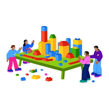 A group of children are building a city out of colorful LEGO blocks on a large, clear table. The city features various structures, including tall buildings, houses, and roads, all made from a variety of bright colors such as red, blue, yellow, and green. Each child is engaged in their task, with one child stacking blocks to create a tower, another arranging blocks to form a house, and a third placing small figures around the city for added detail. The scene is lively, with scattered blocks and laughter filling the air.