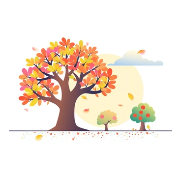 An autumn scene is depicted with vibrant leaves falling from trees in shades of orange, red, and yellow. The ground is covered with a delicate layer of these colorful leaves, creating a rich mosaic of colors. A large oak tree stands prominently on the left side of the illustration, its branches reaching out and adorned with leaves in various stages of falling. In the background, there are additional trees with their foliage transitioning into autumn hues. The sky above is a gentle gradient, transitioning from a soft blue to warm gold, suggesting the late afternoon light. The illustration board is sized at 9x12 inches, emphasizing the detailed depiction of the autumn landscape.