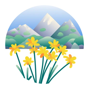 A cluster of goldenrod flowers with bright yellow blooms is prominently displayed in the foreground. The flowers have slender green stems and narrow leaves, gently swaying in the breeze. In the background, towering mountains rise majestically against the sky. The mountains are rugged and covered with patches of green vegetation, with some rocky surfaces visible. The sky above is clear and blue, enhancing the vibrant colors of the flowers and the natural scenery.