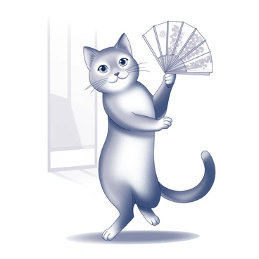A cat standing on its hind legs in a graceful dance pose. The cat's front paws gently clasp a set of traditional Japanese fans, which are open and fanned out, displaying intricate designs. The cat has a poised expression, showcasing its elegance, with its tail curled upwards. The background features subtle hints of a traditional Japanese setting, such as a tatami mat or sliding shoji doors, enhancing the overall ambiance of the scene.