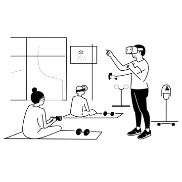 A trainer standing in a modern gym, wearing a fitness outfit, is using a virtual reality headset. He is demonstrating a virtual workout to a small group of clients who are watching intently. The clients are situated on exercise mats, appearing engaged with the session. Various fitness equipment, like dumbbells and resistance bands, is visible in the background. The gym has large windows allowing natural light to enter. The trainer is gesturing towards a virtual display, indicating interactive elements that the clients can see through their own headsets.
