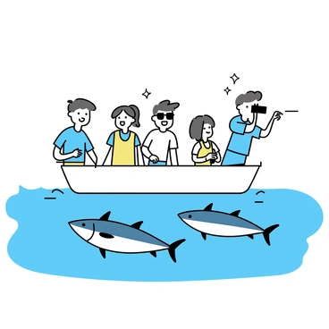 A small boat carrying four tourists is floating on calm blue waters. Two men and two women are leaning over the side, gazing intently into the water. One man, wearing sunglasses and a white t-shirt, points excitedly at a group of large bluefin tuna swimming below. The other man, dressed in a light blue shirt, is taking photographs with a camera. One woman, with long hair in a ponytail, is wearing a yellow life vest and laughing. The second woman, with short hair, holds a pair of binoculars, focusing on the fish. The scene captures the vibrant ocean life around them.