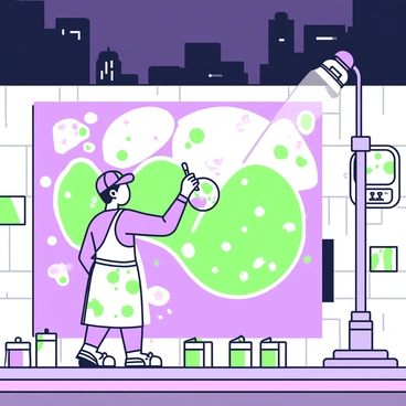 A street artist is positioned in front of a large, textured wall, actively painting a vibrant mural. The artist is wearing a paint-splattered apron and a cap, with a paintbrush held in one hand and a palette in the other. The mural features bold, colorful shapes and abstract designs that cover the entire wall. Surrounding the artist, there are several cans of paint, some open and others closed. Streetlights illuminate the scene, casting a warm glow on the artist and the wall, creating a contrast with the night sky. In the background, there are shadows of nearby buildings softly silhouetted against the light.