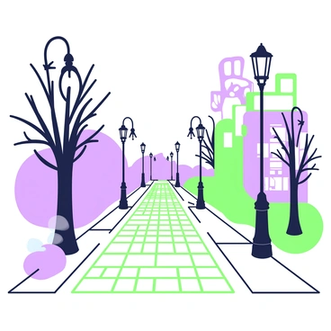 A cobblestone street stretches into the distance, lined with old-fashioned lampposts that emit a muted glow. "Mysterious mist" hovers just above the ground, slowly creeping along the stones, partially obscuring them. The mist swirls around the bases of the lampposts and gently wraps around nearby buildings, giving them an ethereal appearance. In the background, dark silhouettes of trees stand against the fading light, their branches reaching towards the sky. The atmosphere is quiet, with shadows cast by the lampposts creating intricate patterns on the cobblestones as the mist continues its advance.