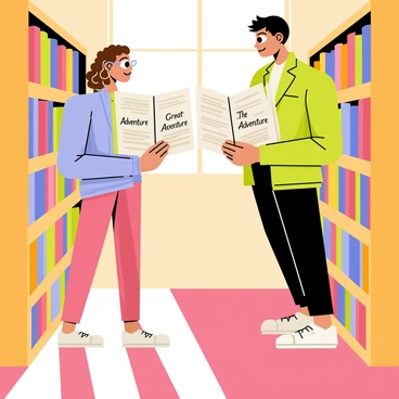 Two strangers in a library are standing face to face, each holding a copy of the same book titled "The Great Adventure". The library has wooden bookshelves filled with colorful books in the background. One stranger is a woman with curly brown hair wearing glasses and a light blue sweater, while the other is a man with short black hair wearing a green jacket. They both have surprised expressions on their faces as they realize they are holding the same book. Sunlight streams through a nearby window, casting soft shadows on the polished wooden floor.