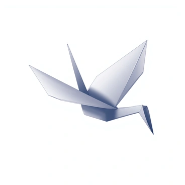 An origami crane in mid-flight, its wings outstretched gracefully. The crane is intricately folded, showcasing detailed creases and sharp angles. It is depicted soaring against a clear sky, which forms a vast backdrop. The sun casts soft shadows on the crane, emphasizing its delicate features and the artistry of the paper folding. The scene conveys a sense of freedom and possibility.