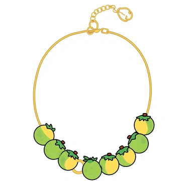 A delicate necklace featuring a series of colorful beads shaped like miniature jackfruits. Each bead is intricately designed to resemble a jackfruit, complete with a textured surface and small, pointed spikes. The jackfruit beads are painted in vibrant shades of green and yellow, showcasing their natural appearance. The necklace itself has a thin, shiny gold chain that holds the beads evenly spaced apart. The clasp at the back is a simple lobster clasp, allowing for easy wear. The overall look is playful and eye-catching, perfect for a unique fashion statement.