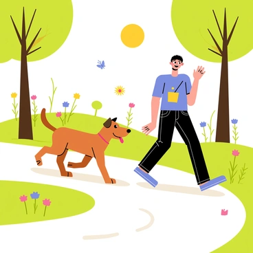 A brown dog with a wagging tail is walking alongside its owner, who is a person wearing a blue t-shirt and jeans. They stroll along a winding path in a park filled with green grass and colorful flowers. The sun shines down, casting light onto the scene, while tall trees provide shade around them. The owner smiles at the dog, who looks excited with its tongue out, and a few butterflies flutter nearby, adding to the lively atmosphere.