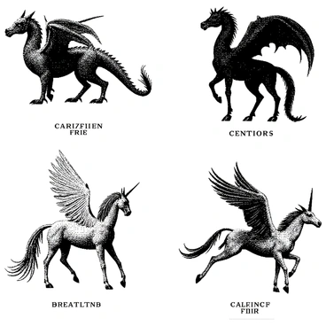 A bestiary page displays a collection of mythical game creatures. Each creature is meticulously illustrated with precise details showcasing their unique features. One creature resembles a dragon with intricate scales and large wings, positioned gracefully to the side. Another features a centaur with defined anatomical features, standing confidently with a bow drawn. A griffin is depicted in mid-flight, its powerful talons extended and wings spread wide. A unicorn stands poised, showcasing its spiraling horn and flowing mane. Each creature is labeled with its name in a bold font below the illustration, creating an informative and visually engaging display.