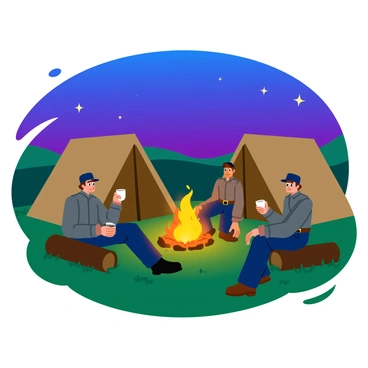 A Civil War encampment with several soldiers gathered around a warm campfire. The soldiers wear gray and blue uniforms, sitting on logs and the ground, some holding mugs of coffee. Their faces are illuminated by the flickering flames of the fire. The surrounding tents are made of canvas, set up in a semi-circle around the campfire. The sky is painted with deep shades of blue and purple as the sun sets, and a few stars begin to twinkle above. The ground is covered with patches of grass and scattered twigs.