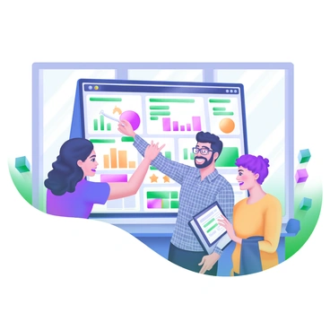 A sales team reviewing colorful sales dashboards displayed on a large screen in the office