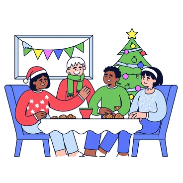 A festive holiday gathering taking place in a cozy room. Several people are present, each dressed in seasonal outfits. One person is wearing a red sweater with white snowflakes, while another has on a green scarf and a Santa hat. A third individual is adorned in a sparkly silver dress. In the background, there is a decorated Christmas tree with colorful ornaments and twinkling lights. A table is set with holiday treats, including cookies and a punch bowl. There are colorful banners and garlands hanging from the walls.