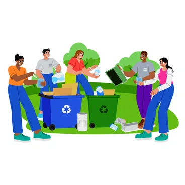 A diverse group of people participating in an environmental initiative are sorting recyclable materials into different bins. One person is placing a clear plastic bottle into a blue recycling bin. Another individual is putting cardboard into a green bin, while a third person is sorting aluminum cans into a silver bin. The group consists of individuals of various ages and ethnic backgrounds, all wearing casual clothing. Brightly colored bins labeled with recycling symbols are arranged in a tidy manner. The scene is set outdoors in a community park, with trees and green grass in the background.
