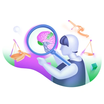 A modern pastel illustration featuring a person holding a magnifying glass, intently focused on their brain. The brain is depicted with intricate details and vibrant colors, showcasing its complexity. Surrounding the person are symbols of legal scrutiny, such as a gavel and a pair of scales, emphasizing the theme of examination. The background is softly blended with pastel colors to create a cohesive and visually appealing composition.