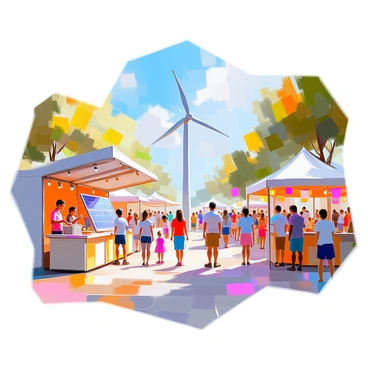 A vibrant festival scene celebrating clean energy is filled with families and individuals exploring interactive exhibits. In the foreground, a large solar panel exhibit showcases how sunlight is converted into energy, with children engaging in hands-on activities. Nearby, a wind turbine exhibit features a spinning turbine that generates electricity, surrounded by enthusiastic visitors observing its mechanics. Colorful banners and decorations highlight the theme of sustainability, while green trees and blue skies create a lively atmosphere in the background. Food stalls offering eco-friendly options line the pathways, and people are participating in educational workshops about renewable energy.
