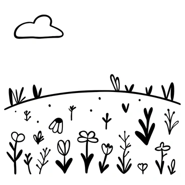 A vast field filled with various wildflowers swaying slightly in a gentle breeze. The flowers are scattered across the ground, creating a natural tapestry of shapes. Above, there is a bright sky with a few fluffy clouds drifting slowly. The scene captures the essence of tranquility in nature.