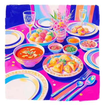 A beautifully arranged dinner table is set with ornate tableware, including intricately designed plates, shining cutlery, and colorful cloth napkins. Traditional Indian dishes are presented on the table, featuring a rich curry in a copper bowl, fragrant basmati rice in a ceramic dish, and an array of vibrant vegetable samosas. There are small bowls filled with chutneys and side salads, and a decorative centerpiece made of fresh flowers. The ambient lighting gently illuminates the scene, enhancing the colors of the food and tableware.