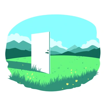 A white door stands alone in the center of a vast green field under a clear blue sky. The door is slightly ajar, revealing a faint glow emanating from within. Tall grass sways gently around the door, creating a sense of movement in the otherwise still landscape. In the background, distant mountains can be seen, partially shrouded in mist, enhancing the air of mystery surrounding the door. Small wildflowers in shades of yellow dot the field, adding a touch of color to the scene.