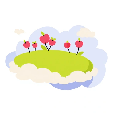 A floating island in the sky with a lush green surface. The island is dotted with vibrant red apple trees, their branches heavy with ripe apples. Fluffy white clouds surround the base of the island, accentuating its floating nature. A gentle blue sky serves as the backdrop, with a few wispy clouds drifting by. The scene captures the whimsical nature of this fantastical landscape.