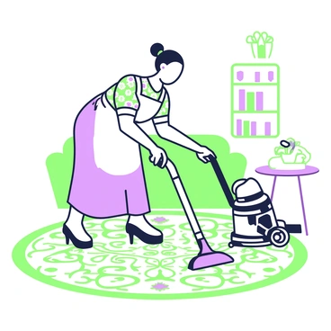 A vintage housewife is vacuuming a patterned carpet in a cozy living room. She is wearing a dress with a floral design and an apron, along with her hair tied up in a bun. The old-style vacuum cleaner has a curved body, a long hose, and a large nozzle, with a classic design emphasizing its vintage appeal. The carpet features an intricate pattern with flowers and swirls, blending harmoniously with the warm tones of the room. In the background, a wooden bookshelf is filled with books and a small potted plant sits on a side table.