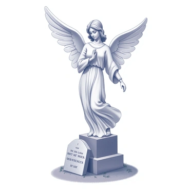 A stone angel statue stands tall over a grave. The statue has intricately carved details, showcasing a serene face and flowing hair. Its wings are outstretched, displaying a broad span, with each feather finely defined. The base of the statue is surrounded by a patch of grass, and the gravestone beneath it features engraved text. The scene conveys a sense of solemnity and remembrance.