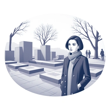 A woman with short, dark hair stands solemnly at a Holocaust memorial site. She is dressed in a simple black coat, and a scarf is wrapped around her neck. Her expression is serious and contemplative as she gazes at the memorial structure, which features several large stone slabs arranged in a geometric pattern. Surrounding the memorial are trees with bare branches and a cloudy sky overhead. In the background, a small group of people quietly observe the site, each lost in their own thoughts. The ground is paved with grey stones, and there are engraved plaques close to the memorial that convey messages of remembrance.