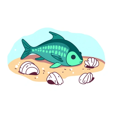 A teal rainbow fish is nestled among various white seashells of different shapes and sizes. The fish has vibrant scales that reflect light, showcasing a spectrum of colors. Surrounding the fish, the seashells are scattered across the sandy ocean floor, each uniquely shaped and textured, some smooth and others ridged. The scene is illuminated by soft, diffused light filtering through the water overhead.
