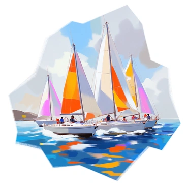 A thrilling yacht race is taking place on the open ocean, showcasing several sleek yachts racing against one another. Each yacht is designed for speed, with vibrant sails unfurled, catching the wind as they cut through the choppy waves. The ocean is a deep blue, dotted with white caps, and the sun shines brightly, casting reflections on the water's surface. Sailors can be seen on board, focused on their course as they maneuver the yachts with precision. In the background, a distant coastline can be seen, adding a sense of adventure to the scene.