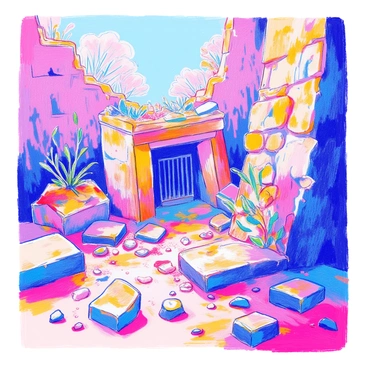 A collapsing stone structure is shown, with large chunks of stone and debris scattered around. Some stones are cracked and crumbling, revealing the internal structure. A partially visible gate is nestled within the rubble, its edges worn and covered in moss. The ground is uneven, with smaller stones and dirt surrounding the larger pieces of debris. In the background, hints of vegetation have begun to reclaim the area, with small plants peeking through the cracks.