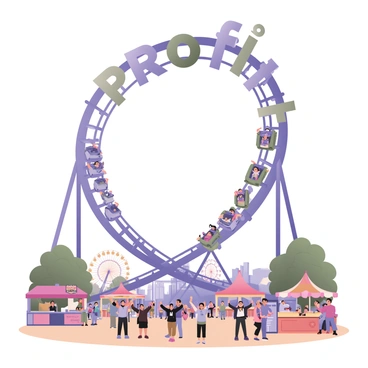 A digital flat illustration of a rollercoaster ride with tracks soaring high above the ground. The tracks are intricately designed to form the word "profit" against a bright blue sky. The rollercoaster cars are filled with excited passengers, their arms raised in the air. Below the tracks, a colorful amusement park scene is depicted, with joyful visitors and various attractions such as a Ferris wheel and food stalls. Trees with vibrant green foliage frame the scene, adding a touch of nature to the lively atmosphere.