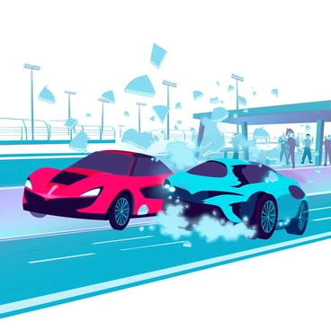 A dramatic scene of two sleek race cars in vibrant colors colliding on a high-speed track. One car is bright red with aerodynamic curves, and the other is a deep blue with sharp angles. The moment of impact sends debris, including shattered pieces of fiberglass and metal, flying into the air. Smoke and dust rise from the collision site, enveloping the cars in a cloud, while the track glistens under bright stadium lights. In the background, blurred spectators watch in shock as the chaos unfolds.