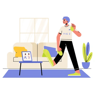 A person performing calf raises stands on the living room floor. They are focused on a tablet placed on a table in front of them, displaying a virtual trainer demonstrating the exercise. The living room is furnished with a comfortable couch and a coffee table, with a potted plant in the corner. Natural light streams in through a window, illuminating the scene. The person wears athletic clothing, and their posture is straight as they lift their heels off the ground.