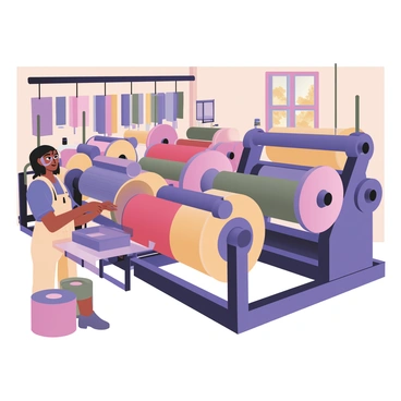 A digital flat illustration depicting a textile mill filled with rows of spinning machines. Each machine is brightly colored, showcasing vibrant textiles being produced. The machines are cylindrical, with large spools of thread in various colors like red, blue, yellow, and green. There is a worker in the foreground, wearing protective gear, operating one of the machines. The worker has dark hair and is wearing a blue shirt and beige overalls. The background features more spinning machines, with colorful fabrics hanging and waiting to be collected. A window reveals a glimpse of a sunny day outside.