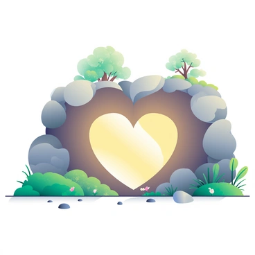 A large cave entrance is visible, naturally formed in the shape of a heart. The surrounding rock features are rugged and textured, with shades of gray and brown. Lush green foliage is present at the base of the cave, showcasing various plants and small flowers. Sunlight filters through the heart-shaped opening, casting a warm glow inside the cave. The ground in front of the entrance is covered with small pebbles and patches of grass. In the background, a few trees rise, their leaves rustling gently in the breeze.