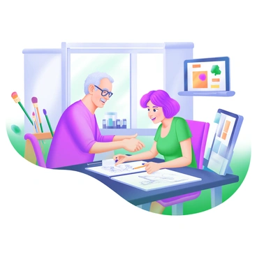 A modern pastel illustration depicting a mentor and an illustrator seated at a table in a bright, airy studio. The mentor, an older person with glasses and a friendly expression, is pointing at a sketchbook on the table. The illustrator, a younger person with vibrant hair and a focused look, is listening intently while holding a pencil. Surrounding them are various art supplies, including brushes, paint tubes, and a digital tablet displaying colorful artwork. A large window in the background lets in natural light, enhancing the creative atmosphere of the critique session.