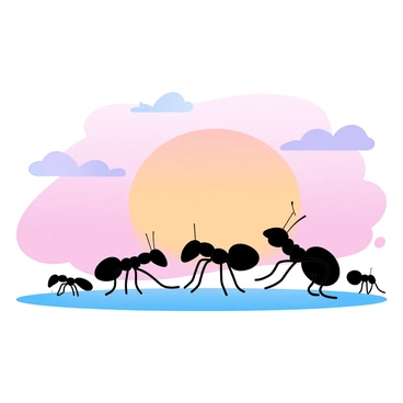 A group of silhouettes of ants is seen marching across a surface. The ants are varied in size and shape, displaying the characteristics of different species. In the background, a vibrant sunset sky is painted with gradient pastel colors, merging shades of pink, orange, and purple. The blend of colors creates a striking contrast against the dark silhouettes of the ants, enhancing their visibility. The scene is peaceful, capturing the industrious nature of the ants while set against a beautiful, colorful sky.
