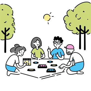 A picnic blanket is spread out on the grass, with several board games neatly arranged on top. Three friends are sitting on the blanket, engaged in a lively discussion about the games. One friend, a woman with long brown hair, is wearing a green t-shirt and shorts. She is holding a colorful board game box. The second friend, a man with curly black hair, is wearing a blue shirt and glasses, and he is pointing to one of the games while smiling. The third friend, a man with a beard wearing a red cap and a white t-shirt, is crouched down, examining a game piece. Surrounding them are tall green trees with lush foliage, and the sun is shining brightly through the branches.