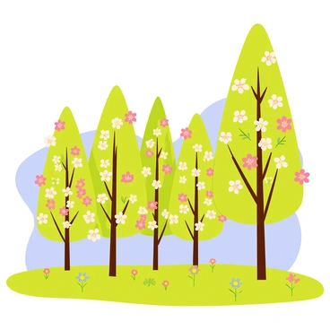 An orchard filled with tall, slender trees, each adorned with delicate pink and white blossoms. The trees have a sturdy brown trunk and a lush canopy of vibrant green leaves. The grass beneath them is a bright, inviting green, dotted with small wildflowers in various colors. Gentle petals are seen fluttering down from the branches, creating a soft carpet on the ground. In the background, a clear blue sky is visible, enhancing the beauty of the blossoming trees.