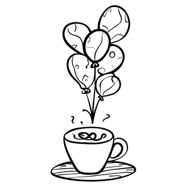 A cluster of balloons with distinct shapes and sizes, all tied together, is gently floating above a steaming latte in a ceramic cup. The latte has intricate froth art on its surface, resembling patterns or shapes. Wisps of steam rise from the cup, adding a sense of warmth to the scene. The background includes a textured wooden table, enhancing the cozy atmosphere.