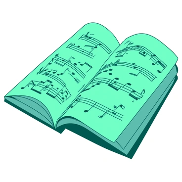 A teal page of sheet music is filled with printed musical notes in black ink. The notes appear to be flowing and dancing gracefully across the page, creating a sense of movement and rhythm. Some notes are larger and bolder, while others are smaller and more delicate, giving a dynamic quality to the composition. In the background, there are faint lines of staff to guide the notes, adding structure to the scene.