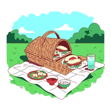 A vibrant picnic scene is set in a green park under a clear blue sky. A white checkered blanket is spread out on the grass, and on top of it, there is a woven picnic basket that is slightly open. Inside the basket, several banh mi sandwiches are arranged neatly, showcasing their colorful fillings of fresh vegetables, herbs, and meats. Nearby, there are small bowls of dipping sauces and a refreshing teal drink in a glass cup with ice. A couple of colorful picnic plates are placed on the blanket, waiting to be filled. The sun casts gentle shadows, enhancing the inviting atmosphere of the picnic.