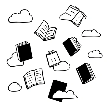 A collection of books is floating among the clouds, with their pages fluttering as if caught in a gentle breeze. The books vary in size and design, some with ornate covers and others with simple bindings. The clouds are fluffy and billowing, surrounding the books in a surreal scene. Some pages are turned partially, while others are wide open, creating a sense of movement. The composition captures the whimsical nature of the scene, with the books appearing to dance gracefully in the sky.
