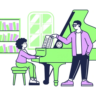 A tutor with glasses is sitting next to a student at a grand piano in a music room filled with sunlight. The tutor is pointing at sheet music placed on the piano, while the student, a young girl with curly hair, is focused on the keys. The room has wooden floors and bookshelves filled with music books lining the walls. A window with light streaming through is visible in the background, and a metronome sits on the piano beside them.
